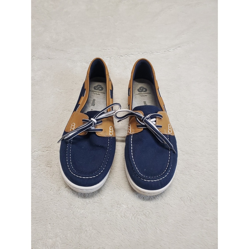 Clarks Navy Blue Tan Casual Canvas Boat Loafer Shoe 8.5 Classic‎ Basic Comfort